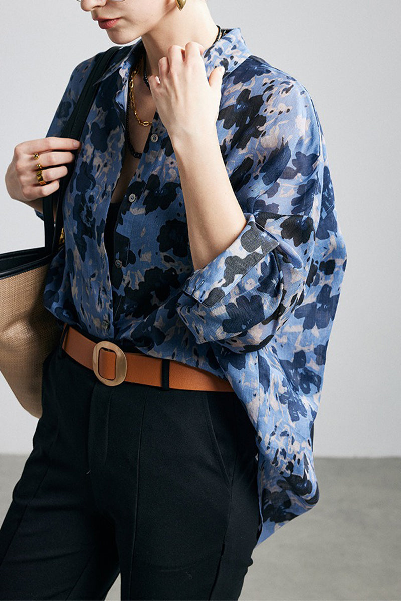 100% Ramie Speckled Floral Button-Down Shirt