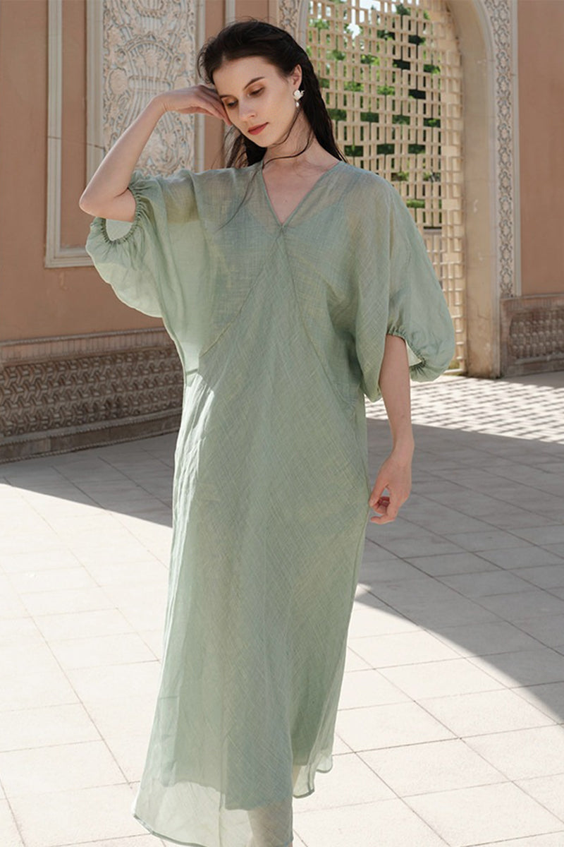 100% Ramie V Neck Kaftan Midi Dress in Green