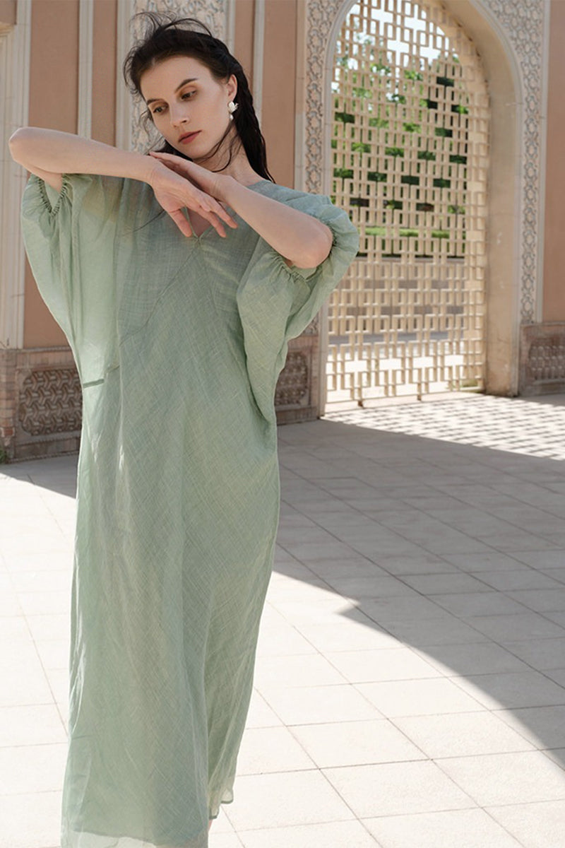 100% Ramie V Neck Kaftan Midi Dress in Green