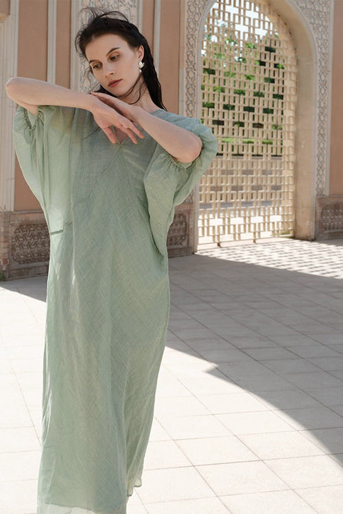 100% Ramie V Neck Kaftan Midi Dress in Green
