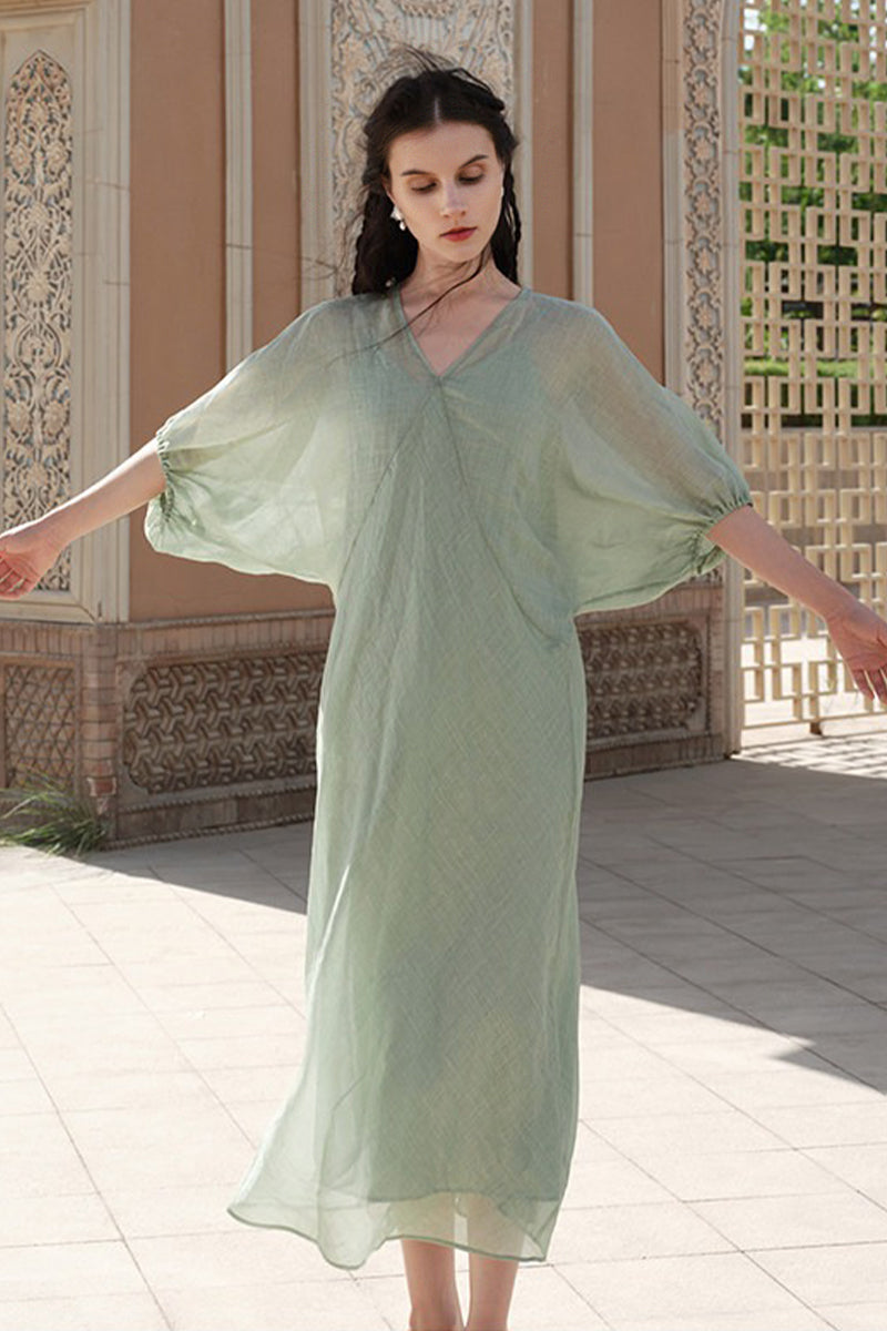 100% Ramie V Neck Kaftan Midi Dress in Green