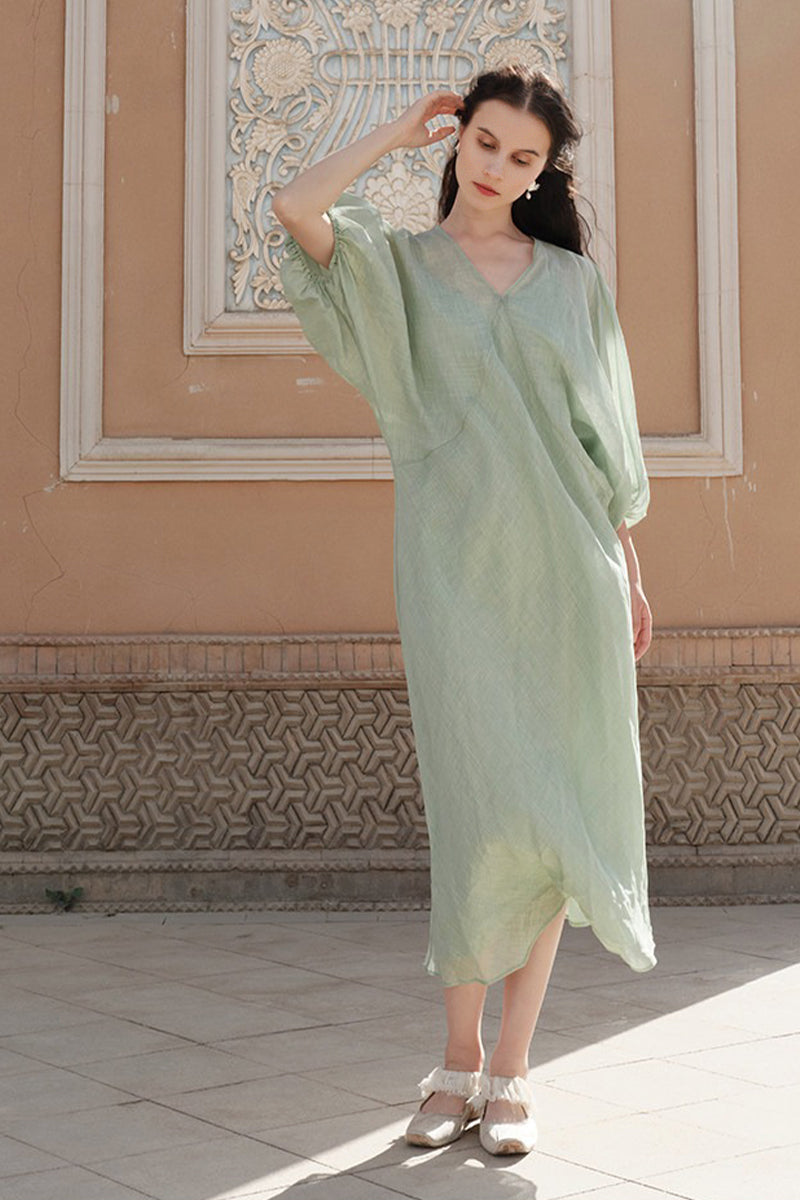 100% Ramie V Neck Kaftan Midi Dress in Green