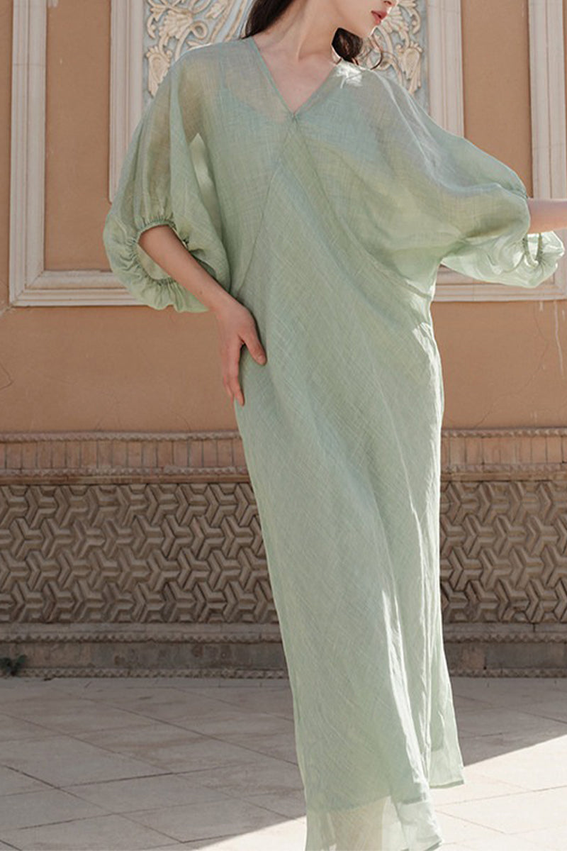 100% Ramie V Neck Kaftan Midi Dress in Green