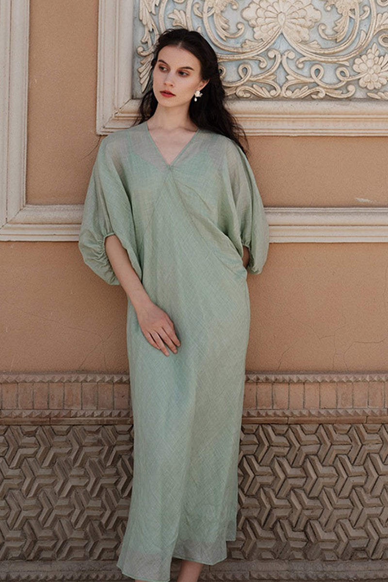 100% Ramie V Neck Kaftan Midi Dress in Green