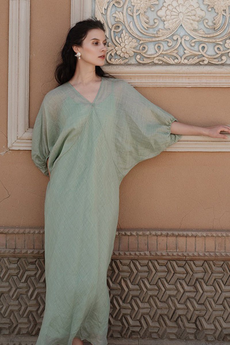 100% Ramie V Neck Kaftan Midi Dress in Green