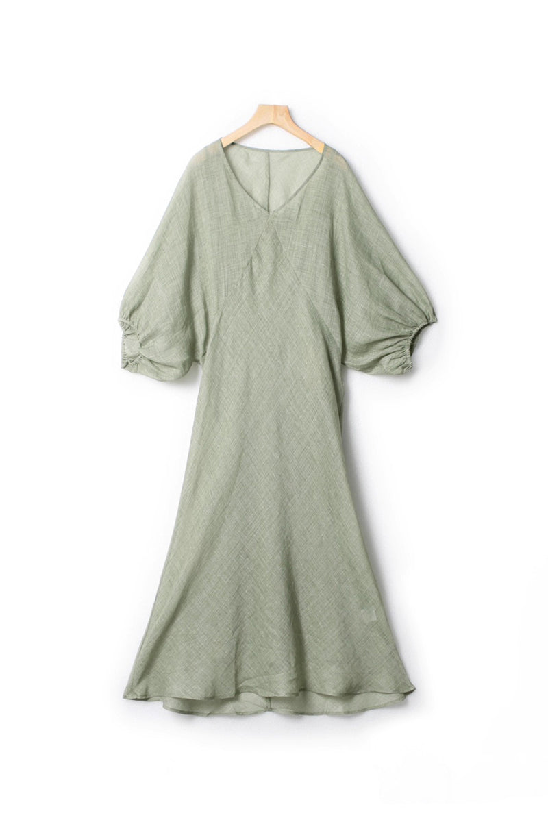 100% Ramie V Neck Kaftan Midi Dress in Green