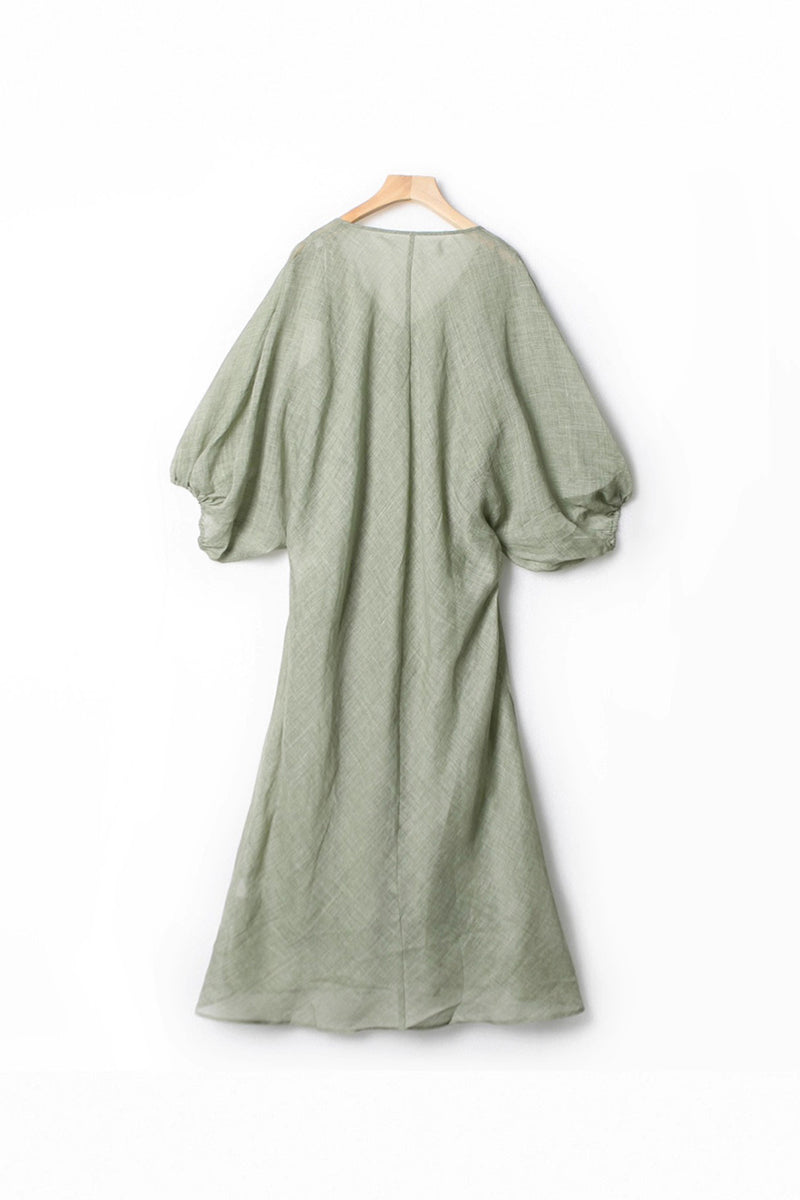 100% Ramie V Neck Kaftan Midi Dress in Green