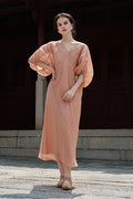 100% Ramie V Neck Kaftan Midi Dress in Peach