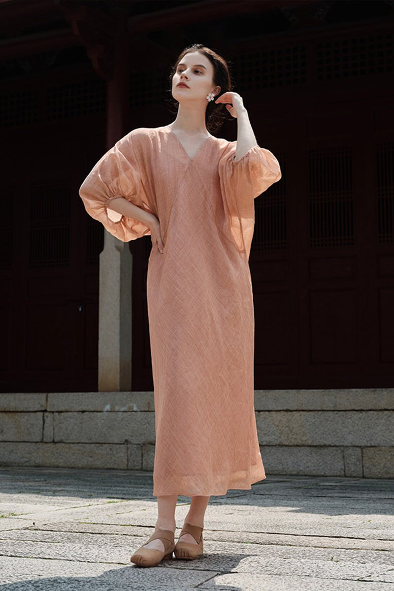 100% Ramie V Neck Kaftan Midi Dress in Peach