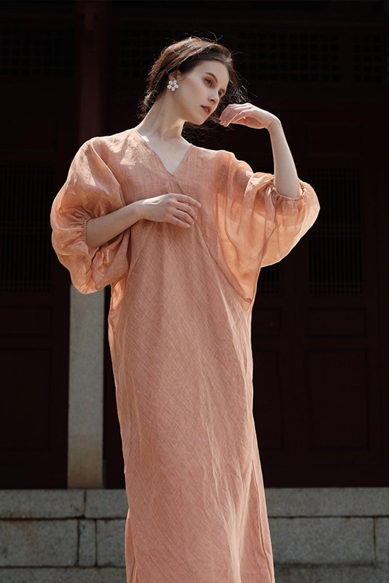 100% Ramie V Neck Kaftan Midi Dress in Peach