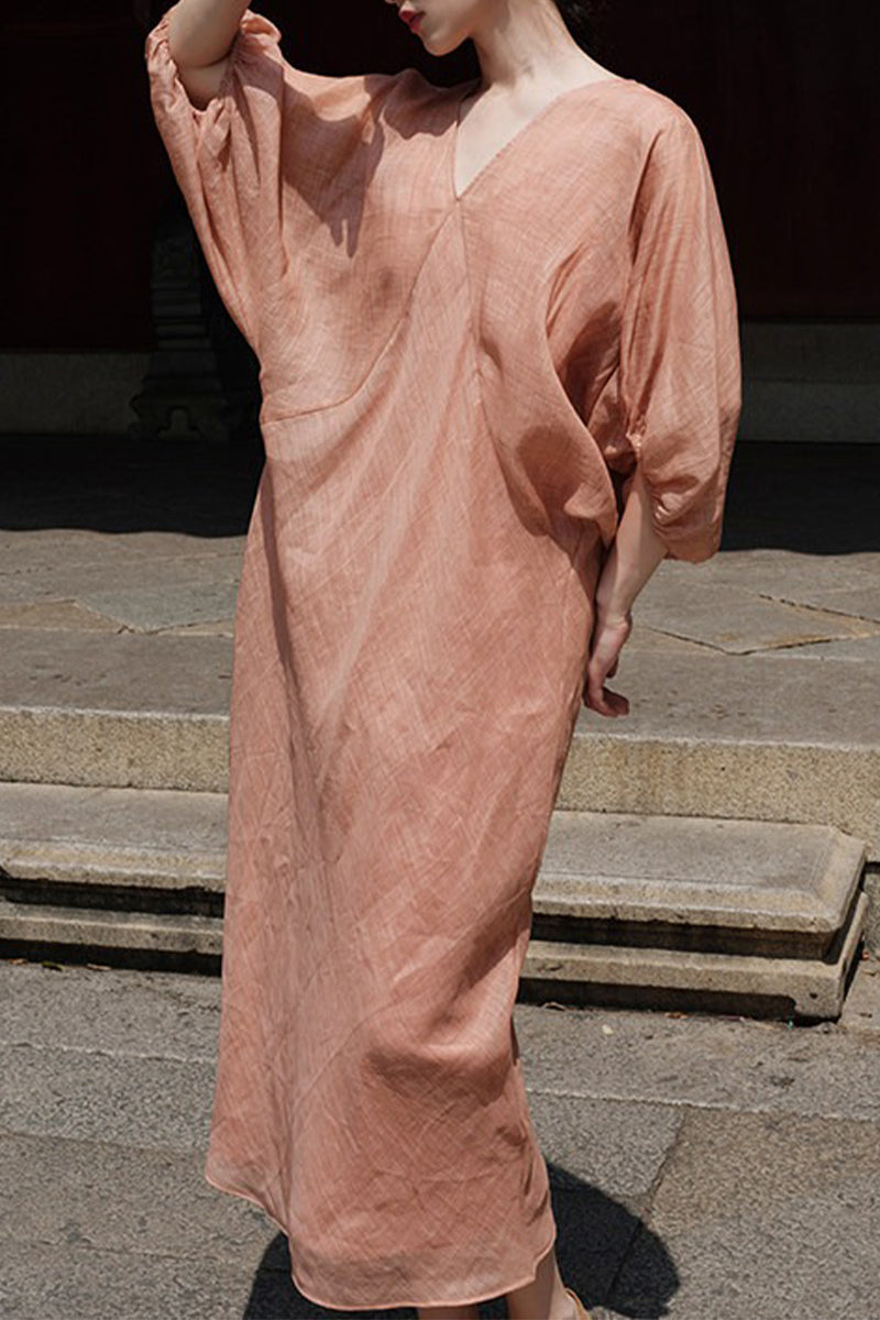 100% Ramie V Neck Kaftan Midi Dress in Peach