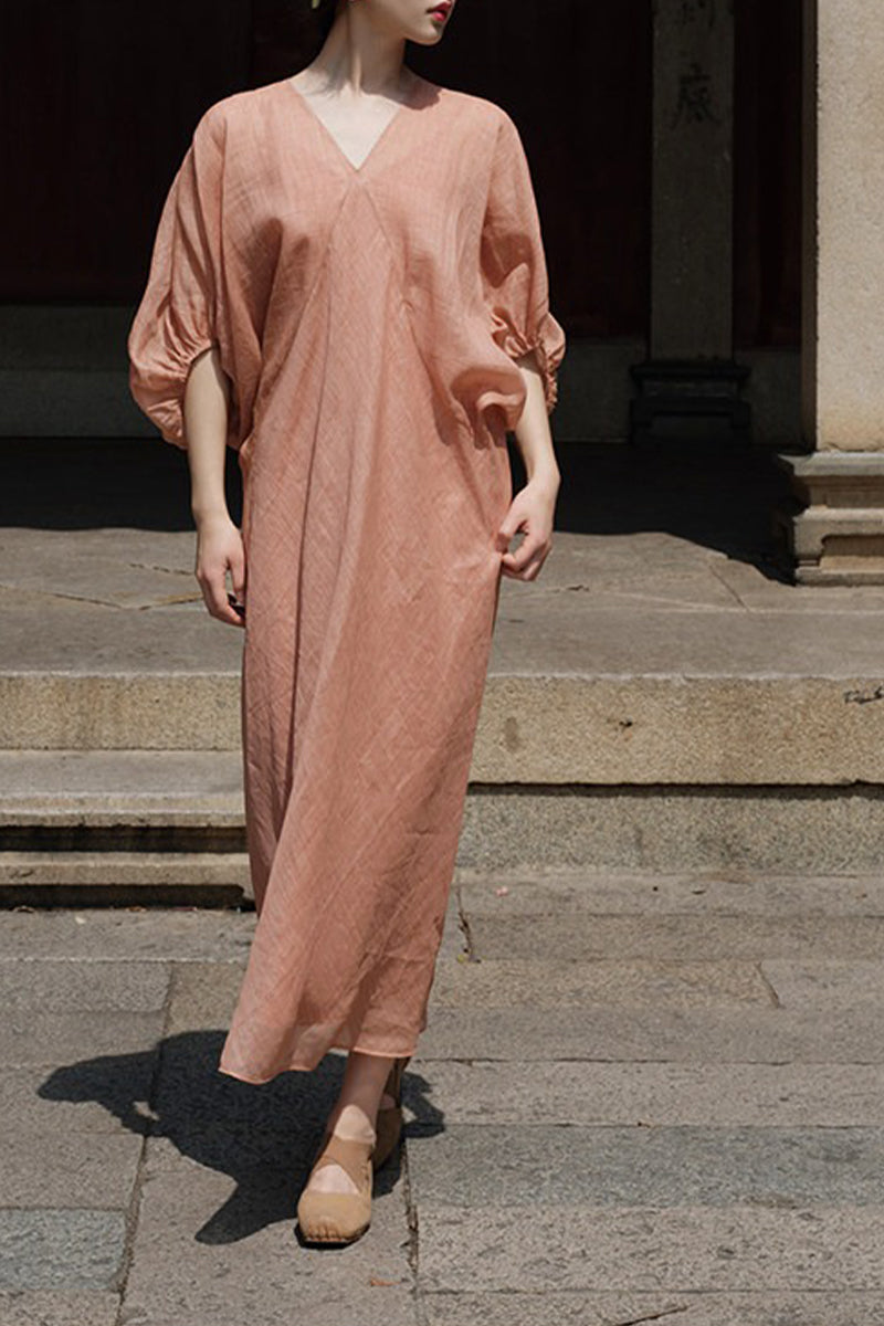 100% Ramie V Neck Kaftan Midi Dress in Peach