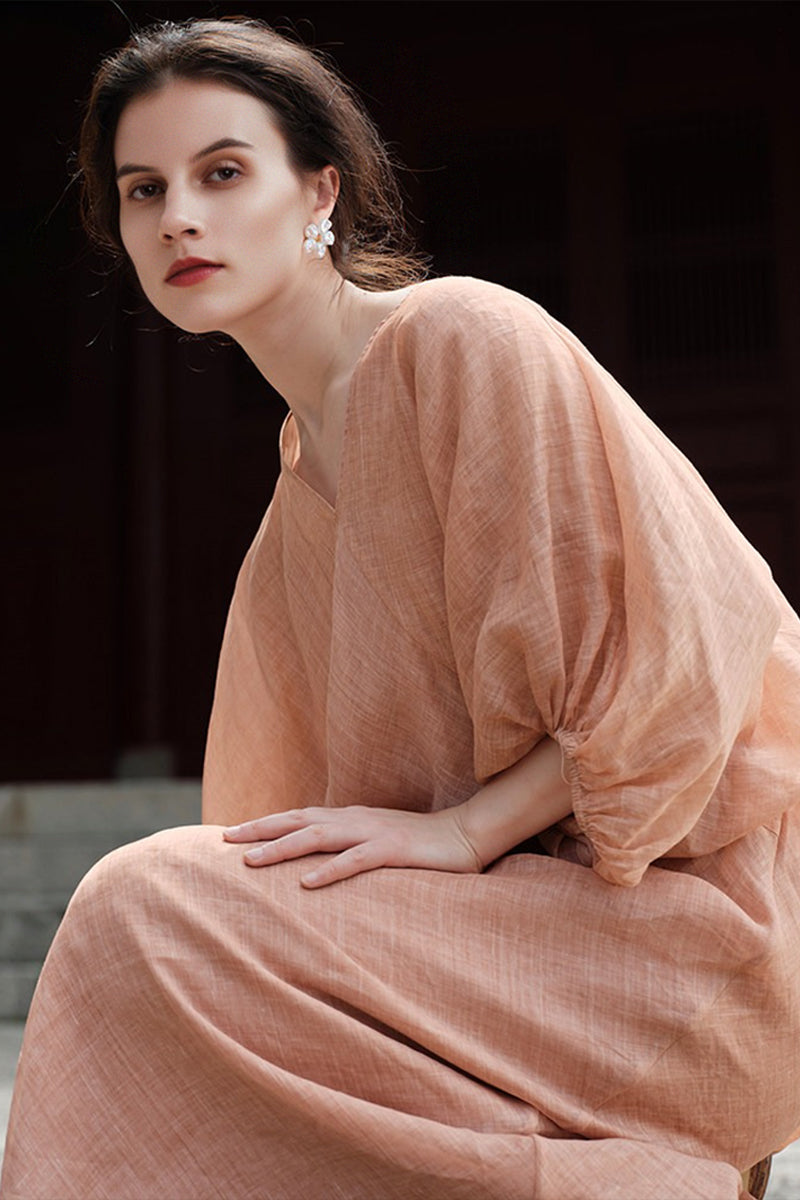 100% Ramie V Neck Kaftan Midi Dress in Peach