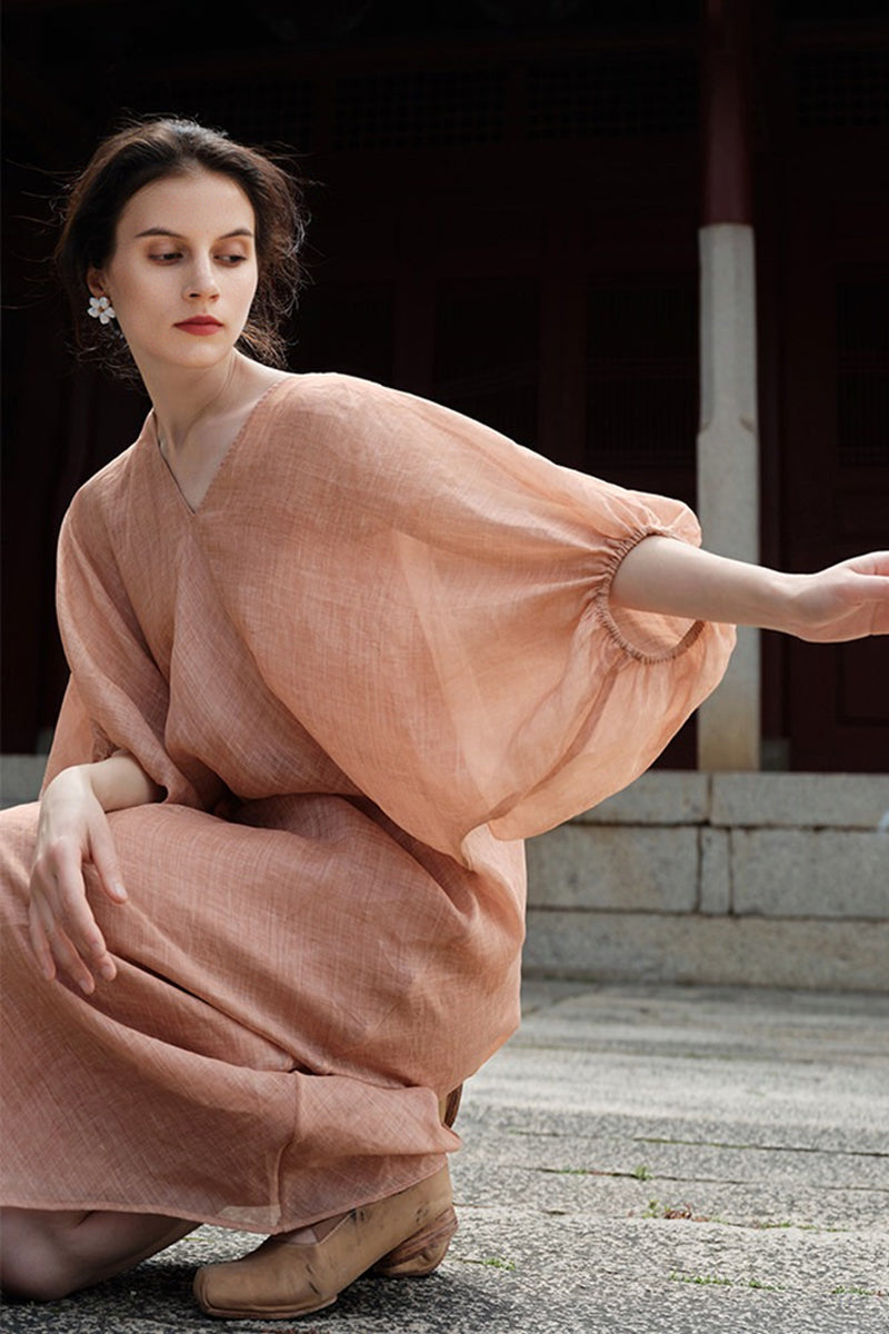 100% Ramie V Neck Kaftan Midi Dress in Peach