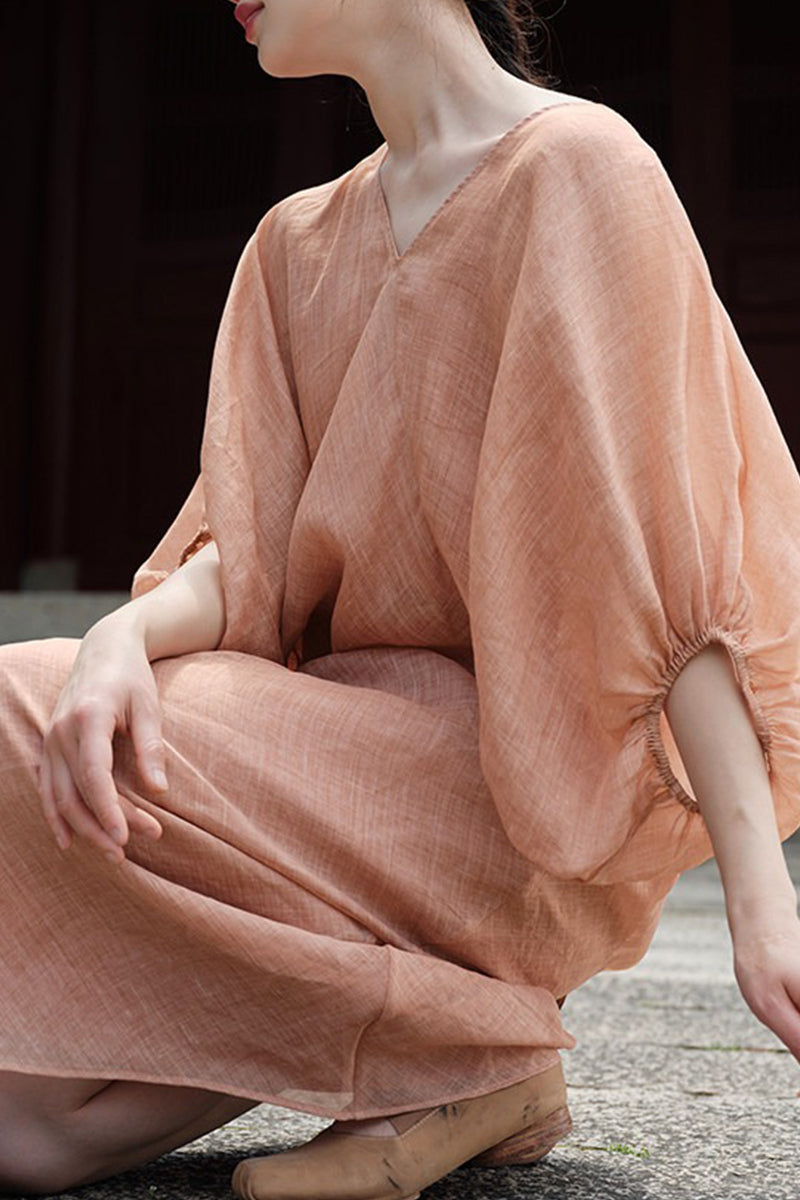 100% Ramie V Neck Kaftan Midi Dress in Peach