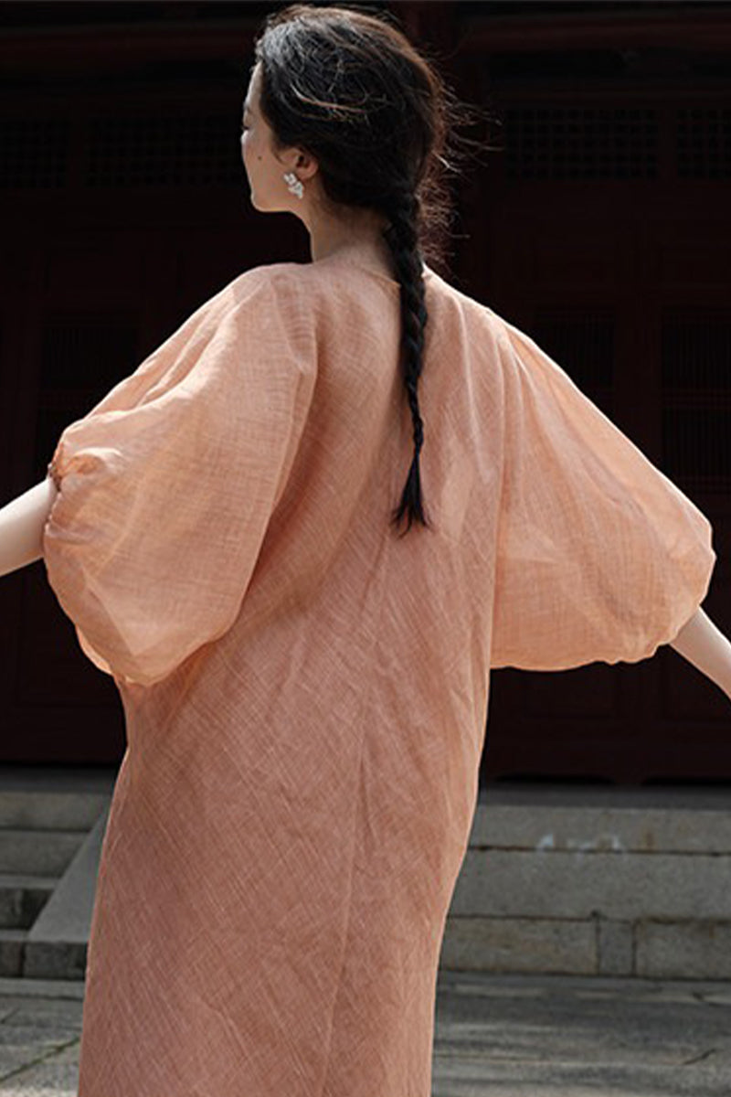 100% Ramie V Neck Kaftan Midi Dress in Peach