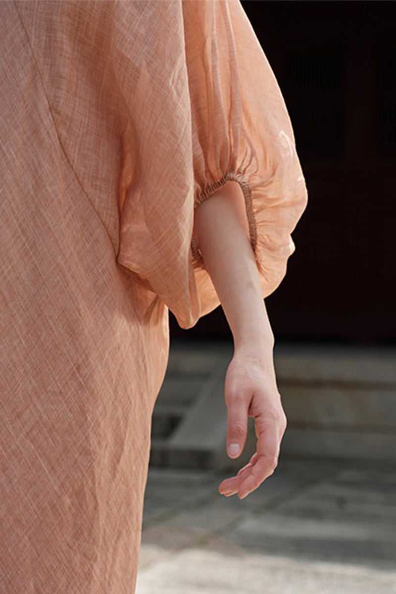 100% Ramie V Neck Kaftan Midi Dress in Peach