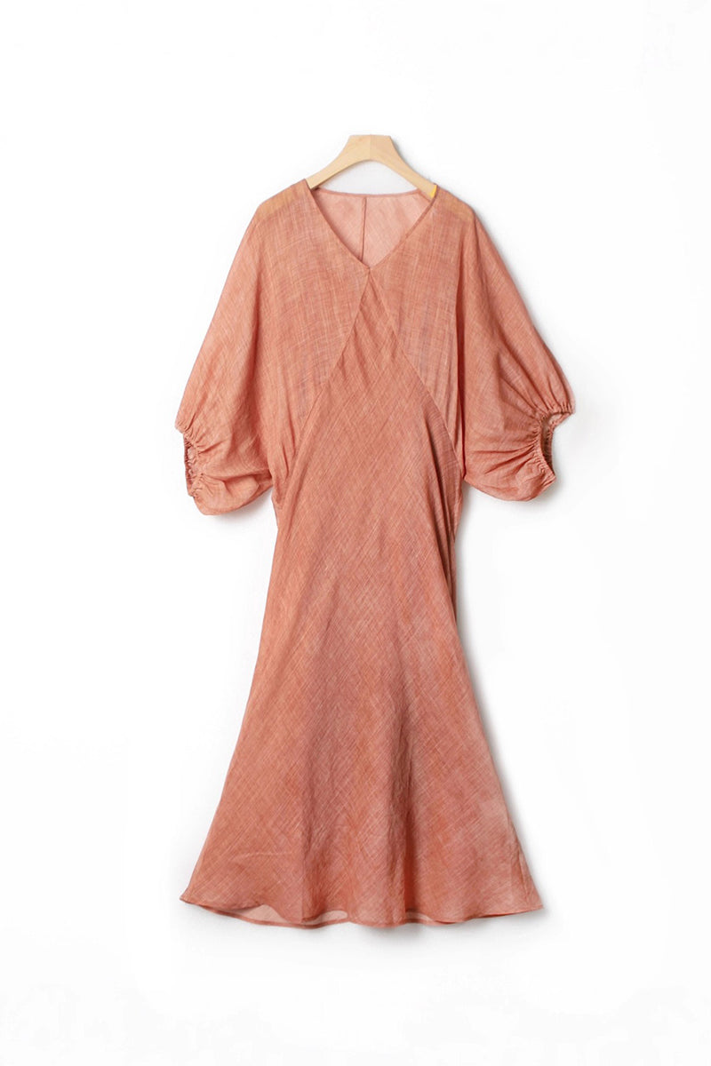 100% Ramie V Neck Kaftan Midi Dress in Peach