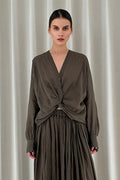 100% Ramie V-Neck Twist Front Blouse