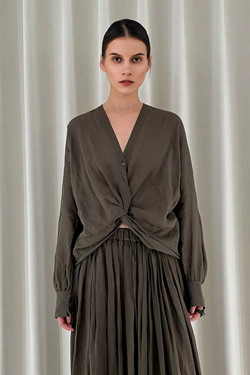 100% Ramie V-Neck Twist Front Blouse