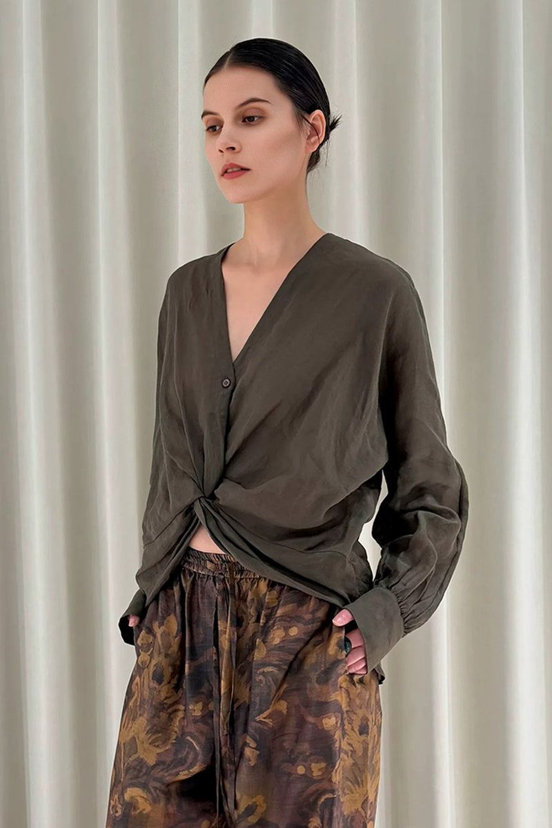 100% Ramie V-Neck Twist Front Blouse