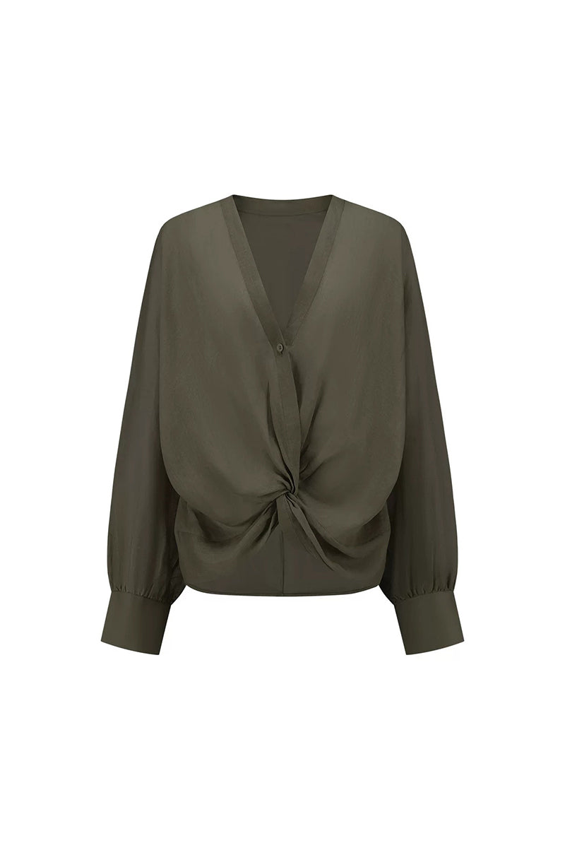 100% Ramie V-Neck Twist Front Blouse