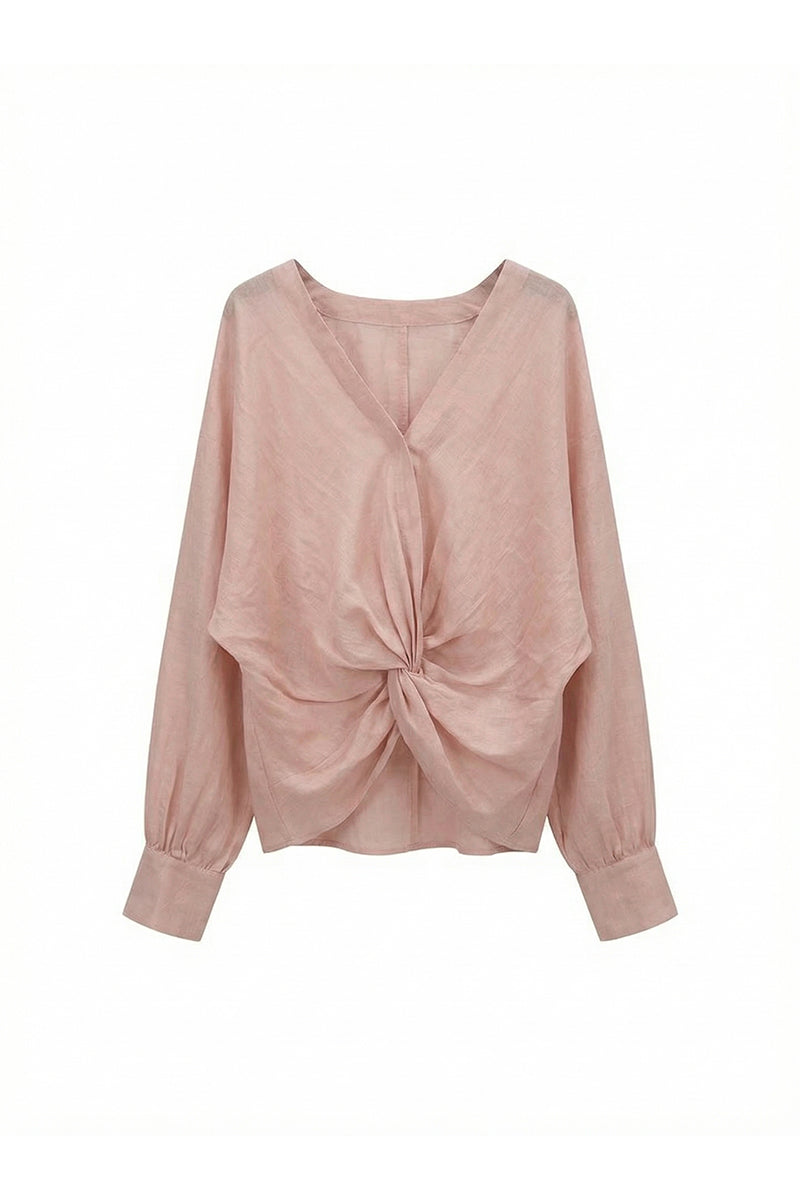 100% Ramie V-Neck Twist Front Blouse
