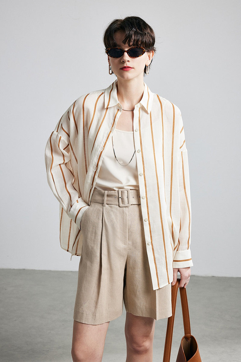 100% Ramie Vertical Striped Button-Down Shirt