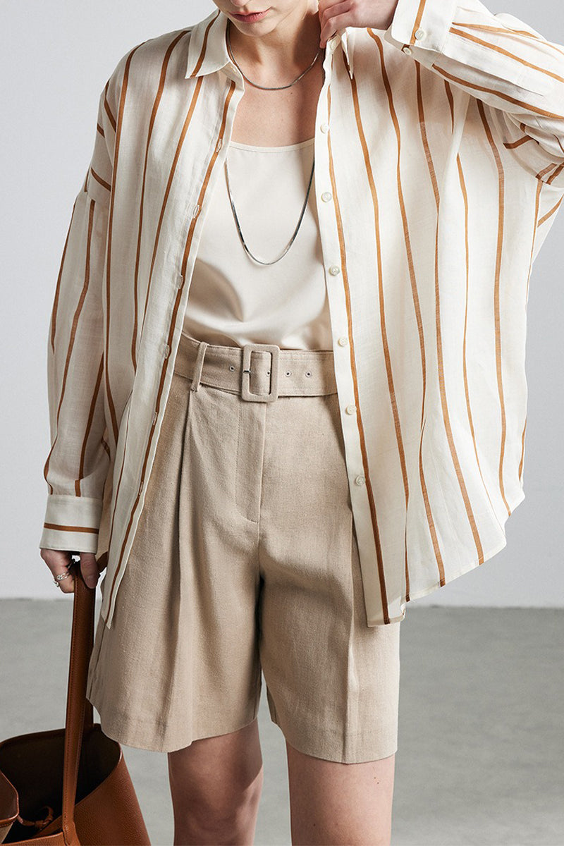 100% Ramie Vertical Striped Button-Down Shirt