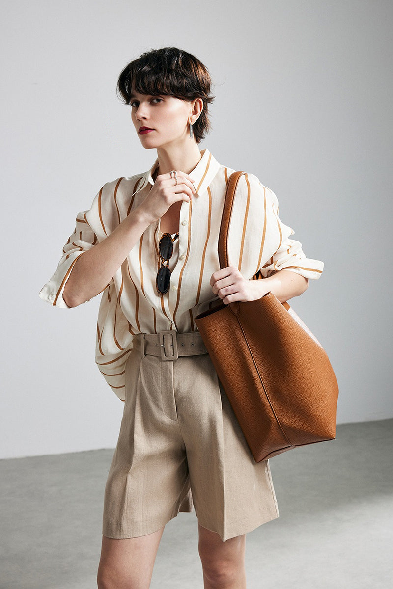 100% Ramie Vertical Striped Button-Down Shirt