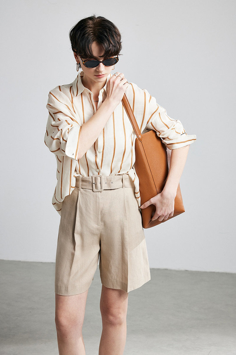 100% Ramie Vertical Striped Button-Down Shirt