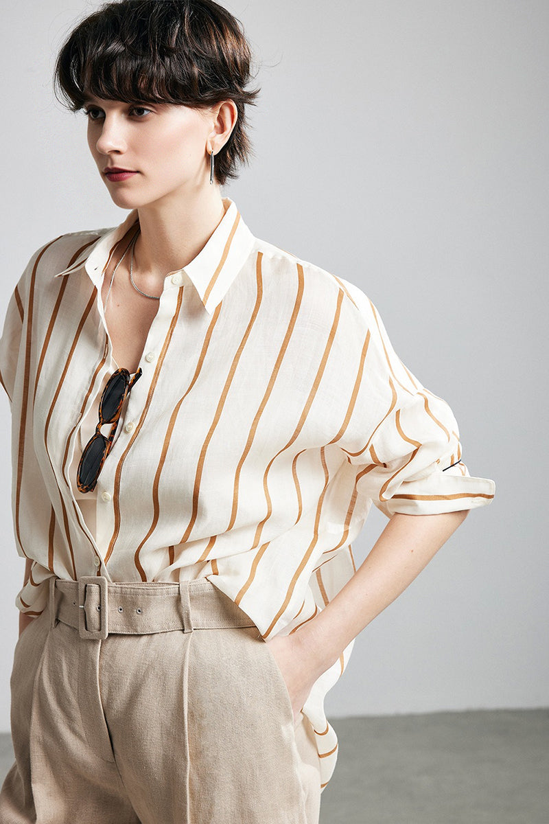 100% Ramie Vertical Striped Button-Down Shirt