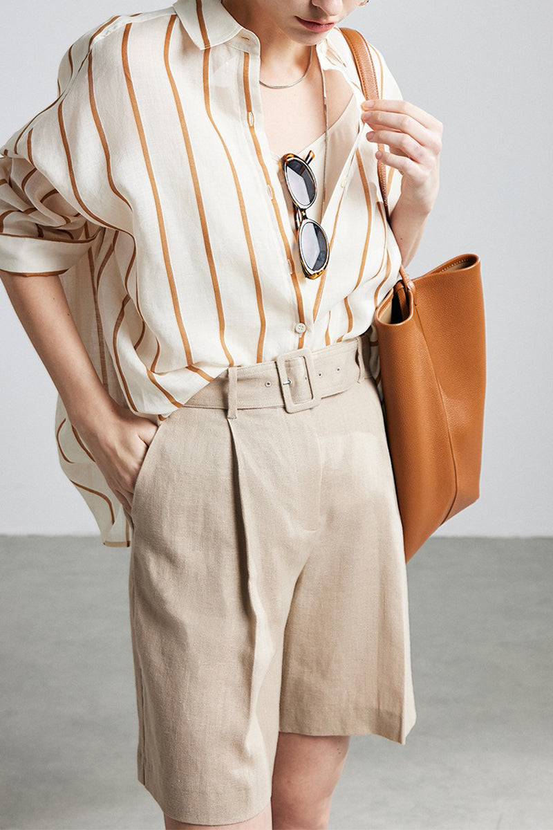 100% Ramie Vertical Striped Button-Down Shirt