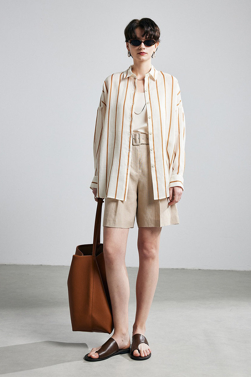 100% Ramie Vertical Striped Button-Down Shirt