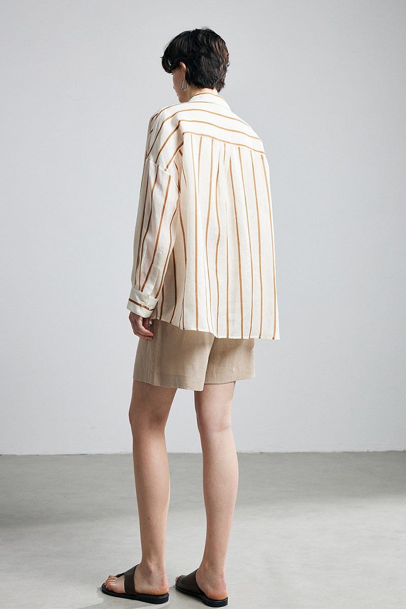 100% Ramie Vertical Striped Button-Down Shirt