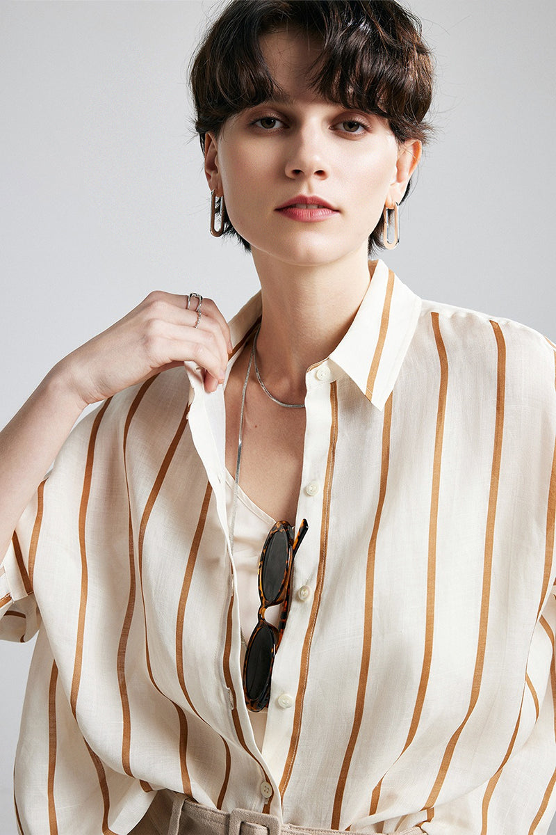 100% Ramie Vertical Striped Button-Down Shirt