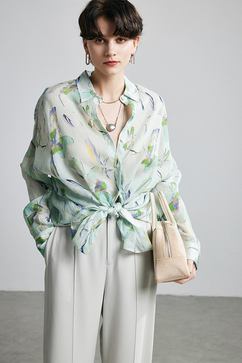 100% Ramie Watercolor Floral Button-Down Shirt