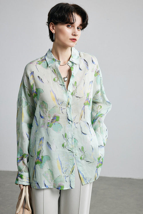 100% Ramie Watercolor Floral Button-Down Shirt