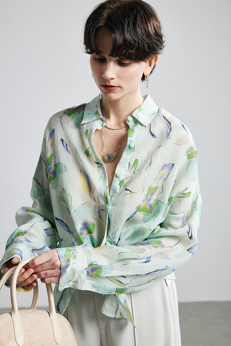 100% Ramie Watercolor Floral Button-Down Shirt