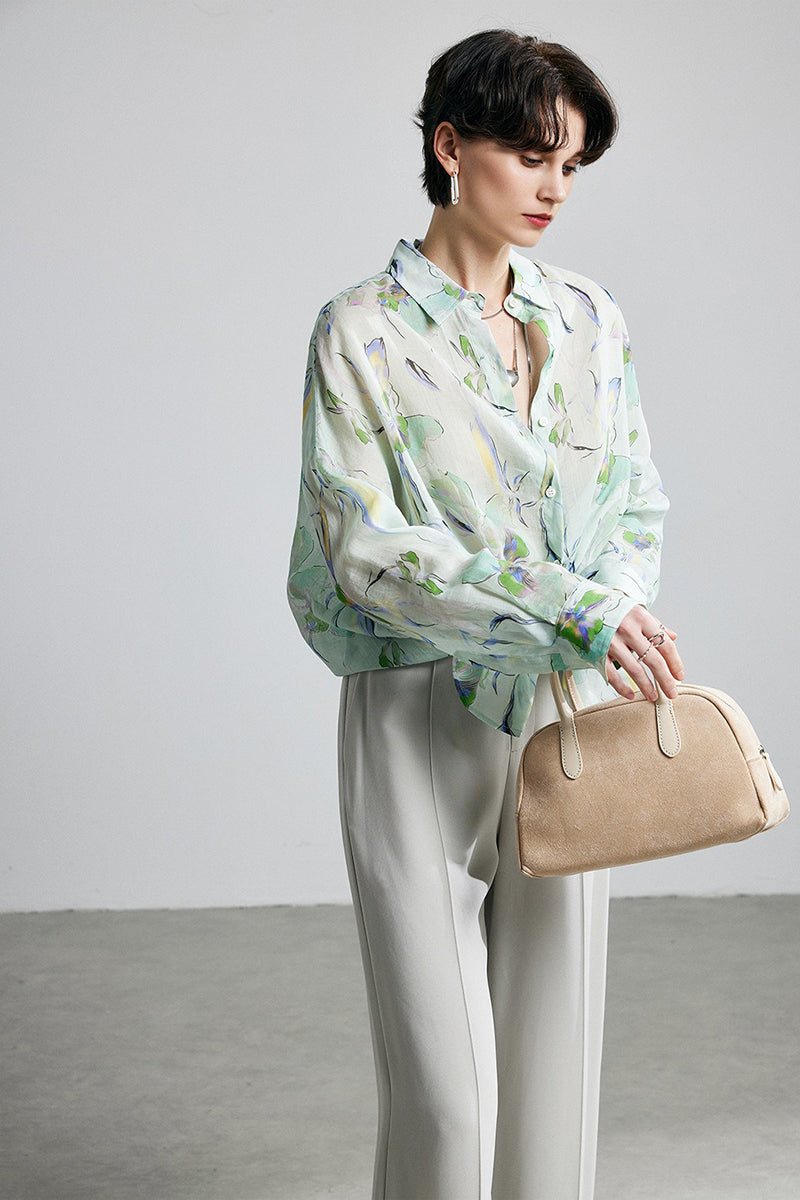 100% Ramie Watercolor Floral Button-Down Shirt