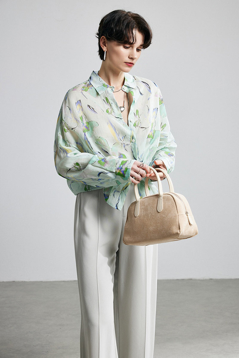 100% Ramie Watercolor Floral Button-Down Shirt