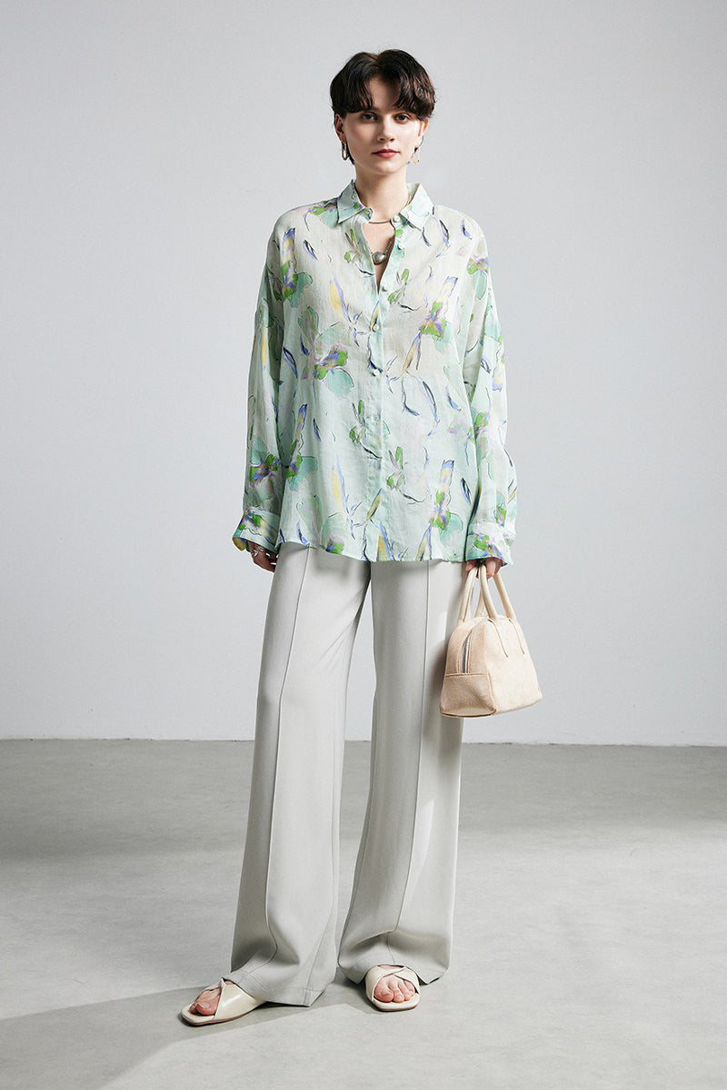 100% Ramie Watercolor Floral Button-Down Shirt