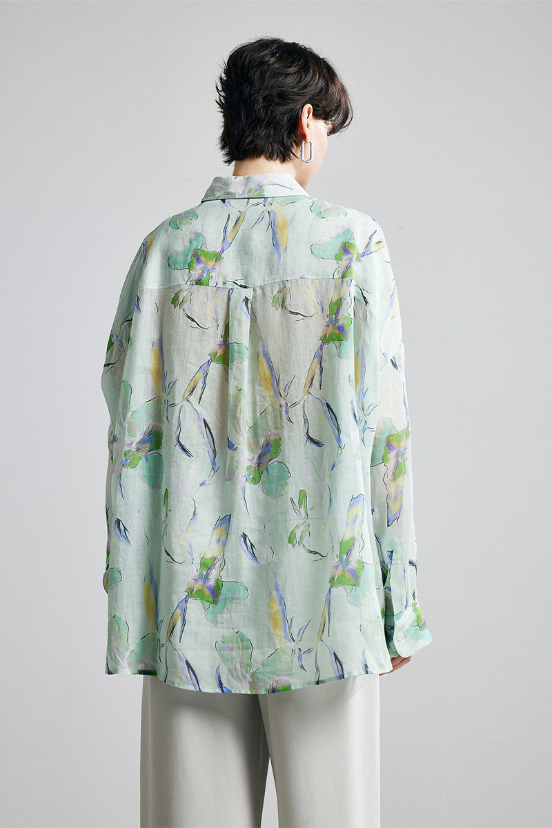 100% Ramie Watercolor Floral Button-Down Shirt