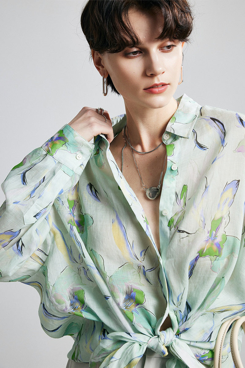 100% Ramie Watercolor Floral Button-Down Shirt
