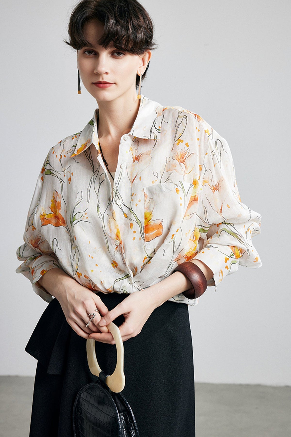 100% Ramie White Floral Button-Down Shirt