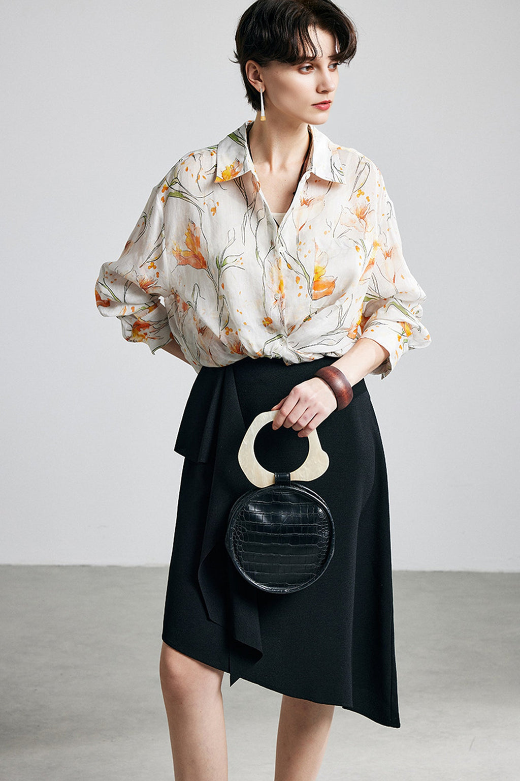 100% Ramie White Floral Button-Down Shirt