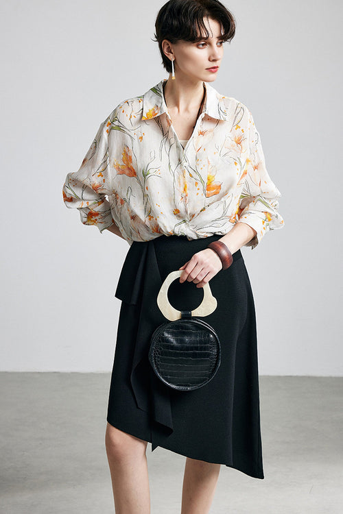 100% Ramie White Floral Button-Down Shirt