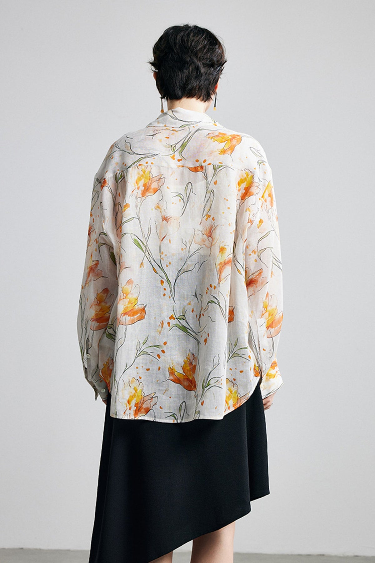 100% Ramie White Floral Button-Down Shirt