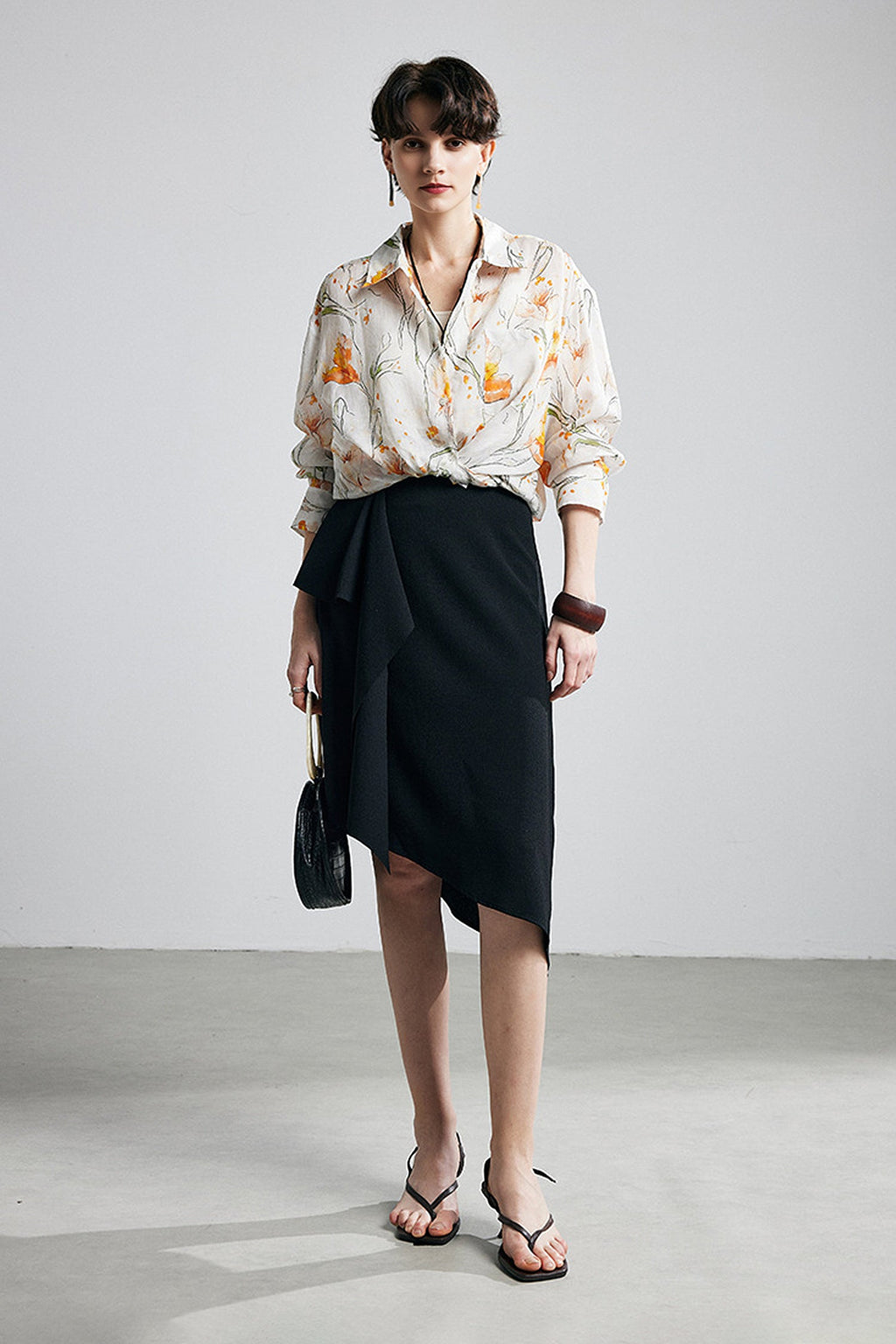 100% Ramie White Floral Button-Down Shirt