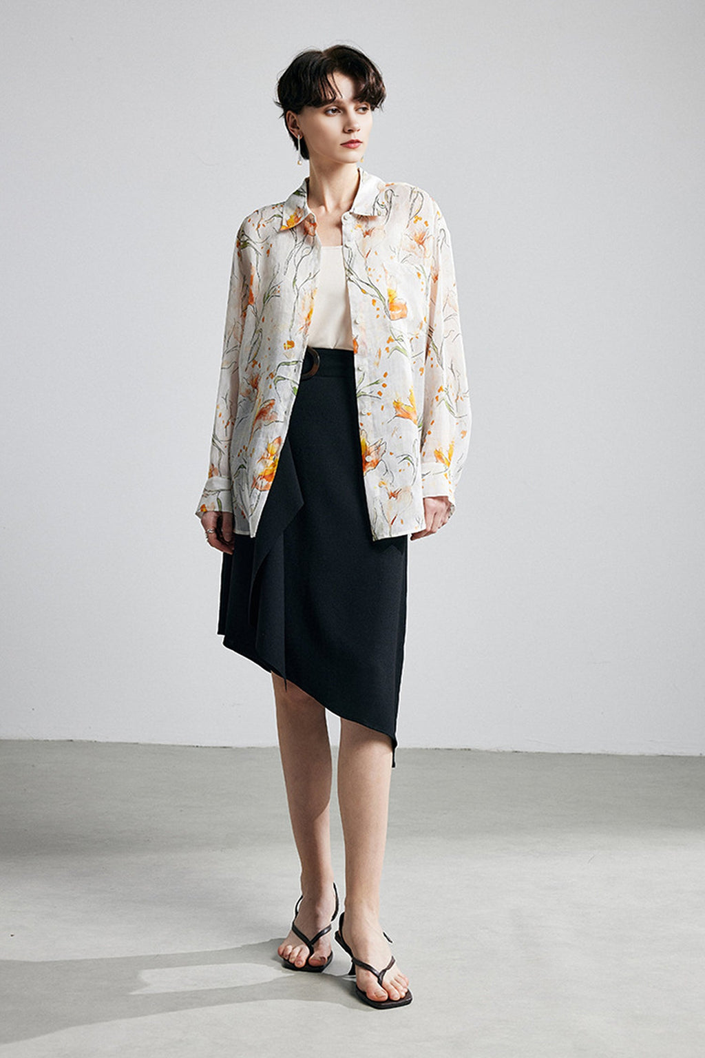 100% Ramie White Floral Button-Down Shirt